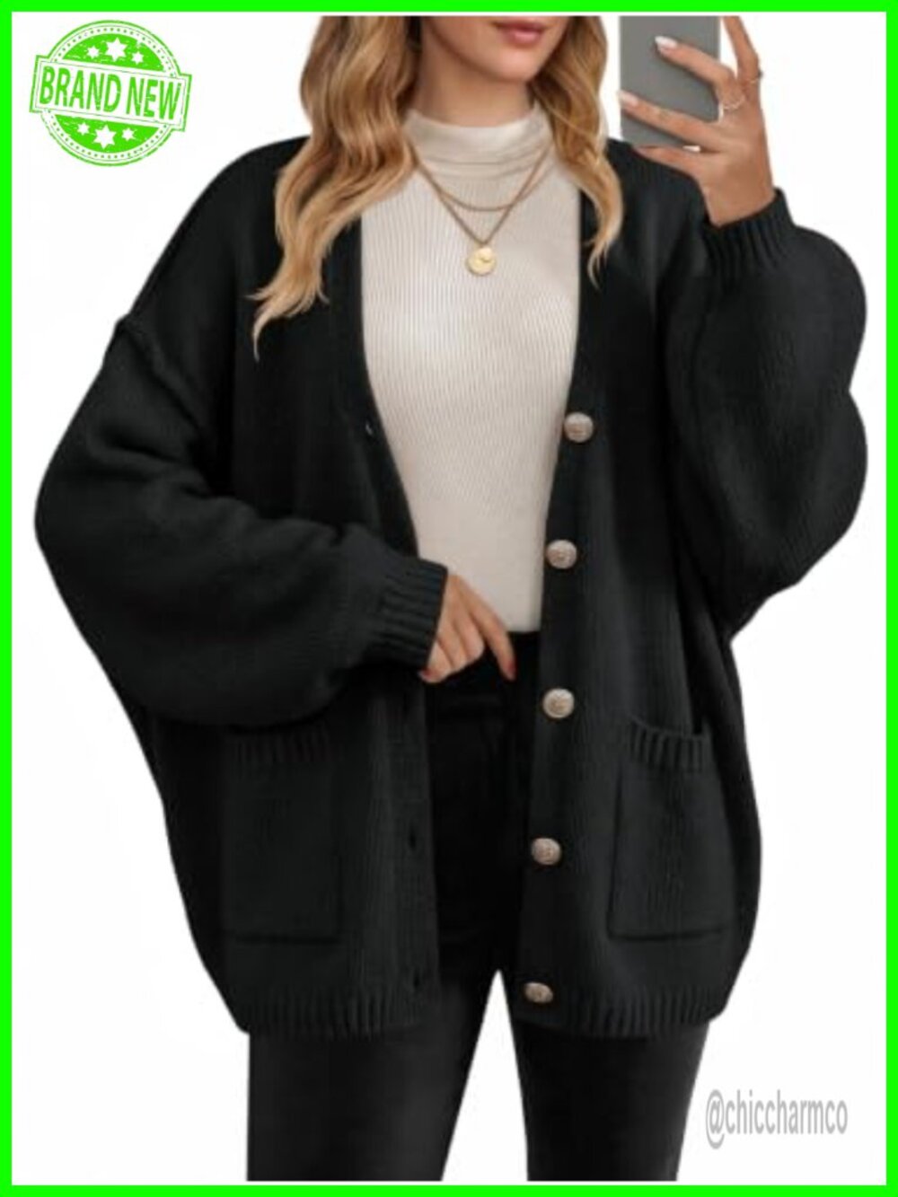 Oversized Button Up Cardigan Chunky Knit Lantern Sleeve Sweater